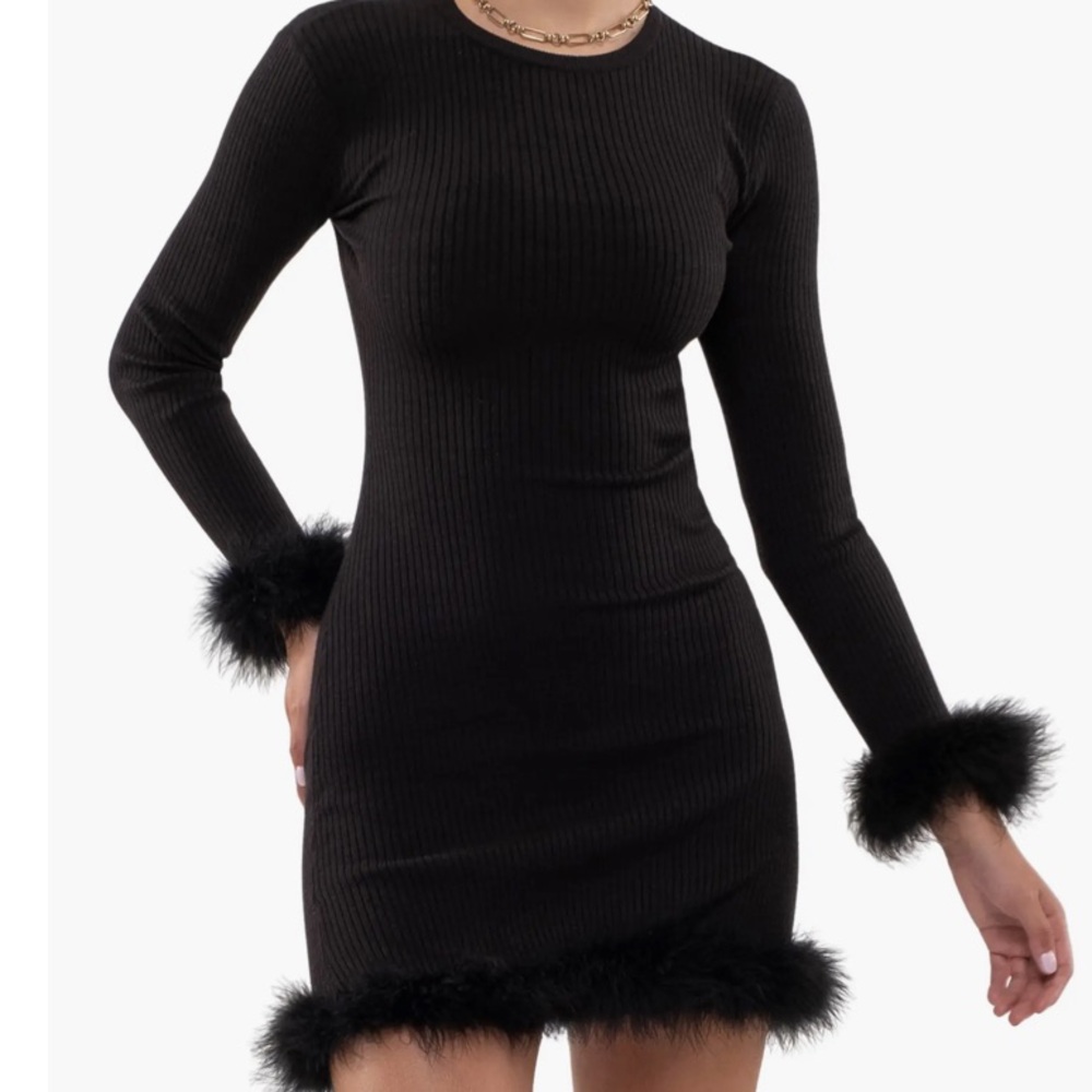 Feather Hem Long Sleeve Minidress in black